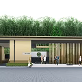 Modern Entrance Gate Featuring Wooden Slat Design Bamboo Plants And People Walking