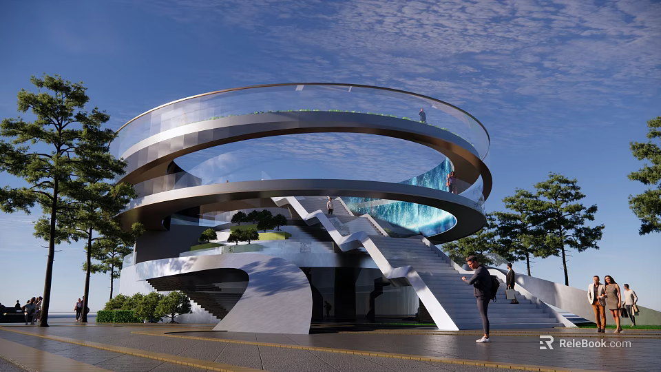 Modern Spiral Road Infrastructure With Glass Railings Metal Framework Pedestrian Stairs And Surrounding Trees 3d model 