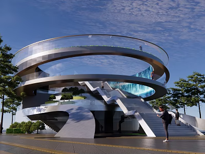 Modern Spiral Road Infrastructure With Glass Railings Metal Framework Pedestrian Stairs And Surrounding Trees 3d model