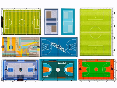 Various Sports Court Design Layouts With Football Basketball And Other Fields 3d model