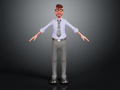 3D Human Character Wearing Glasses Shirt And Tie Standing With Arms Outstretched On Black Background 3d model