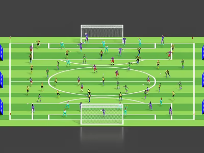 Soccer Football Field With Players In Action On Green Grass Pitch And Goalposts 3d model