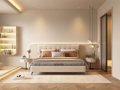 Modern Bedroom Interior Design With Upholstered Headboard Nightstands Soft Lighting And Chevron Rug 3d model