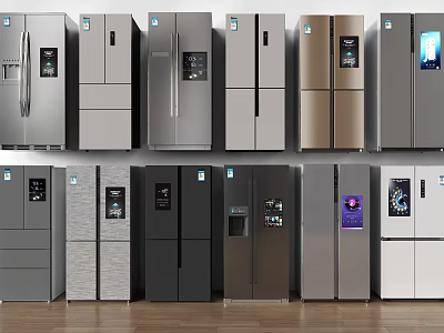 Modern Refrigerators and Freezers Featuring Various Styles Different Colors and Digital Screens 3d model