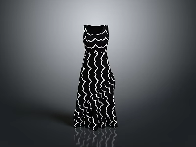 Black Maxi Dress With White Wavy Pattern Daily Living Apparel 3d model