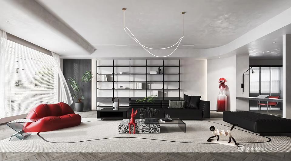 Modern Living Room Interior With Red Sofa Black Seating Decorative Bookshelf And Chandelier 3d model 