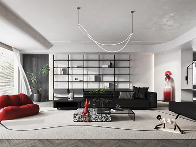 Modern Living Room Interior With Red Sofa Black Seating Decorative Bookshelf And Chandelier 3d model