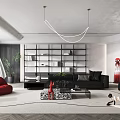 Modern Living Room Interior With Red Sofa Black Seating Decorative Bookshelf And Chandelier