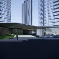 Modern Garden Landscape Design With Curved Canopy And High Rise Building Entrance