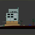 Modern Light Blue Beige Multi Storey Building With Windows Pink Signage Palm Trees Street Cars