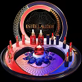 Estee Lauder Window Display With Lipsticks Skincare Bottles And Circular Frame Lighting Effects