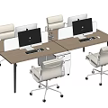 Modern Office Work Desk With Wooden Top Multiple Workstations Dividers Computers And White Chairs