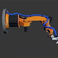 Orange Blue Robot Arm With Black Components On Dark Reflective Background 3d model