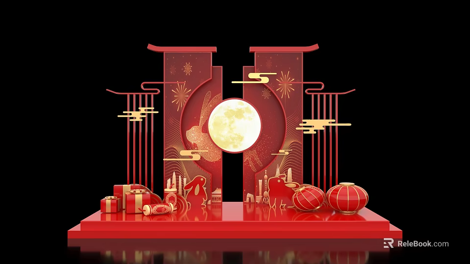 Red Chinese New Year Decorative Scene With Full Moon Lanterns And Gift Boxes 3d model 
