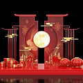 Red Chinese New Year Decorative Scene With Full Moon Lanterns And Gift Boxes