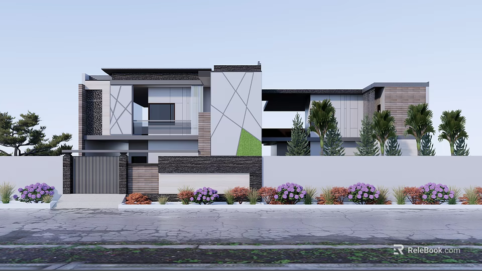 Modern Detached Villa Exterior With Geometric Design Stone Wood Cladding And Landscaped Garden Plants 3d model 