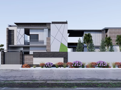 Modern Detached Villa Exterior With Geometric Design Stone Wood Cladding And Landscaped Garden Plants 3d model