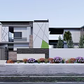 Modern Detached Villa Exterior With Geometric Design Stone Wood Cladding And Landscaped Garden Plants
