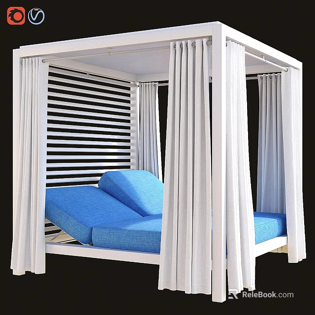 White Garden Pergola Structure With Blue Cushions And White Curtains For Outdoor Relaxation 3d model 