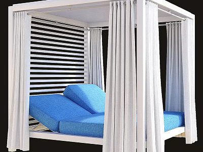 White Garden Pergola Structure With Blue Cushions And White Curtains For Outdoor Relaxation 3d model