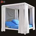 White Garden Pergola Structure With Blue Cushions And White Curtains For Outdoor Relaxation