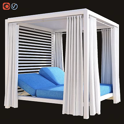 White Garden Pergola Structure With Blue Cushions And White Curtains For Outdoor Relaxation 3d model