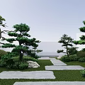 Arbor Trees In Japanese Garden Landscape With Pine Trees Stone Path Green Lawn And Bushes