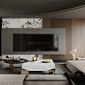 Modern TV Background Wall With Wooden Panels And Marble Accent In Living Room