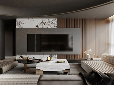 Modern TV Background Wall With Wooden Panels And Marble Accent In Living Room 3d model
