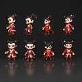 Multiple Cute Cartoon Characters In Red Traditional Costumes With Different Poses 3d model