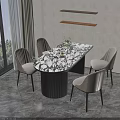 Elegant Modern Dining Table Set With Marble Tabletop Light Gray Chairs And Black Legs 3d model