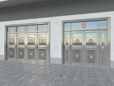Metal Double Doors With Red Fu Characters And Patterned Design On Gray Wall 3d model Metal Double Doors With Red Fu Characters And Patterned Design On Gray Wall 3d model