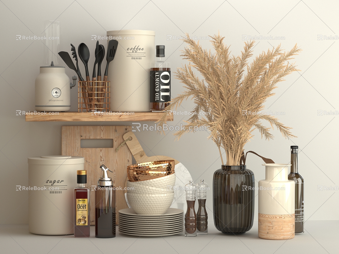 Modern Kitchen Dishes Storage Jars Decoration Supplies Display Board Dried Flower Seasoning Spices Kitchen Utensils Vase Pepper Oil Glass Bottle 3d model