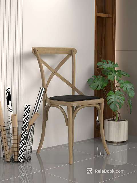 Wooden Cross Back Leisure Chair with Black Padded Seat and Green Plant Indoor Setting 3d model 