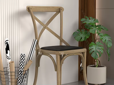Wooden Cross Back Leisure Chair with Black Padded Seat and Green Plant Indoor Setting 3d model