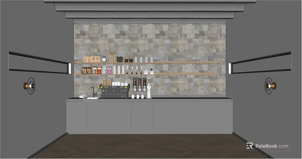 Modern Coffee Bar With Gray Cabinets Stone Tile Backsplash Wooden Shelves And Coffee Appliances 3d model 