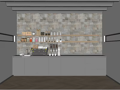 Modern Coffee Bar With Gray Cabinets Stone Tile Backsplash Wooden Shelves And Coffee Appliances 3d model
