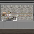 Modern Coffee Bar With Gray Cabinets Stone Tile Backsplash Wooden Shelves And Coffee Appliances