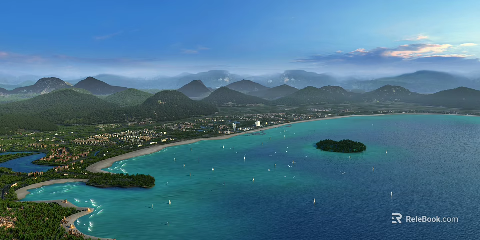 Aerial Planning of Coastal Area With Mountains Beach Blue Ocean Islet Sailboats And Green Spaces 3d model 