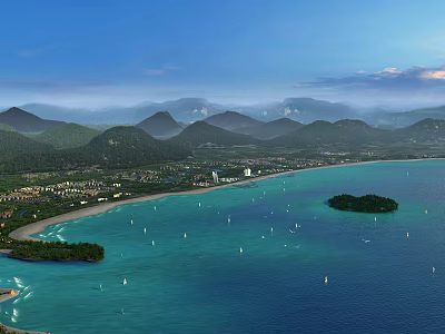 Aerial Planning of Coastal Area With Mountains Beach Blue Ocean Islet Sailboats And Green Spaces 3d model