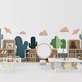 Kids Table in Playroom with Bookshelves Cactus Cloud Decorations and Round Mirror