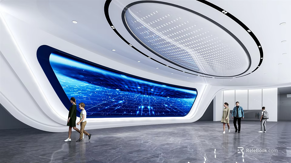 Modern Exhibition Hall with Curved LED Screen Displaying Tech Data Circular Ceiling And Sleek Flooring 3d model