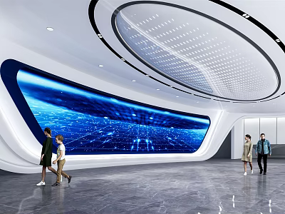 Modern Exhibition Hall with Curved LED Screen Displaying Tech Data Circular Ceiling And Sleek Flooring 3d model