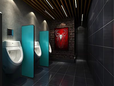 Public Restroom With Blue Partitions Urinals Red Spider Man Art Dark Tiles And Ceiling Lights 3d model