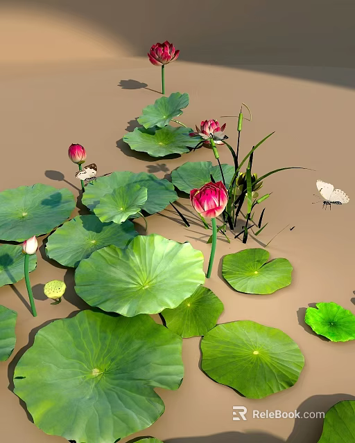 Vibrant Aquatic Plants With Large Green Lotus Leaves And Pink Flowers On Water Surface 3d model 