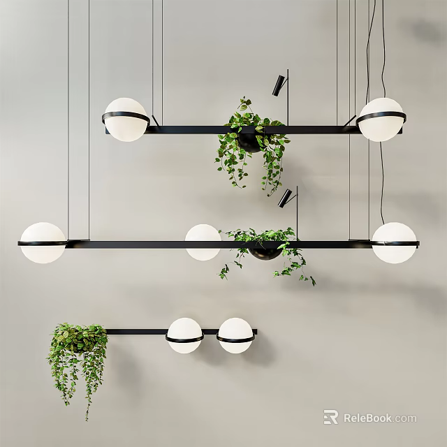 Modern Hanging Lighting Combinations With Black Rectangular Bars White Spherical Bulbs And Green Trailing Plants 3d model