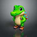Green Cartoon Crocodile Standing with Colorful Backpack Wearing Orange and Purple Shoes on Gray Background