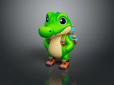 Green Cartoon Crocodile Standing with Colorful Backpack Wearing Orange and Purple Shoes on Gray Background 3d model