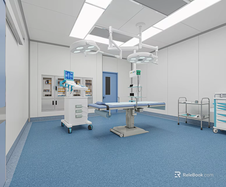 Sterile Operating Room With Surgical Table Medical Lights Cabinets And Blue Floor 3d model 
