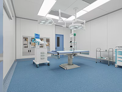 Sterile Operating Room With Surgical Table Medical Lights Cabinets And Blue Floor 3d model